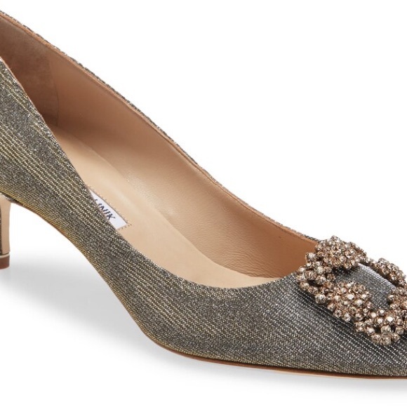 Manolo Blahnik 50 HANGISI  Metallic Crystal-Toe Pump, Gold/Silver~EU 36.5/US 6.5 - Picture 13 of 15
